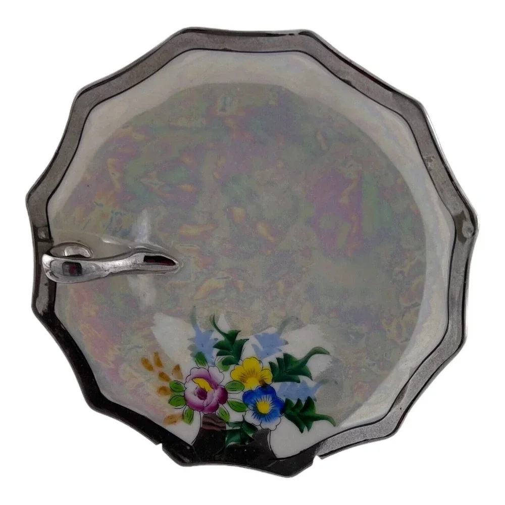 Lemon Server Nappy Dish Plate Silver Handle‎ Rising Sun Japan Luster Floral Vtg